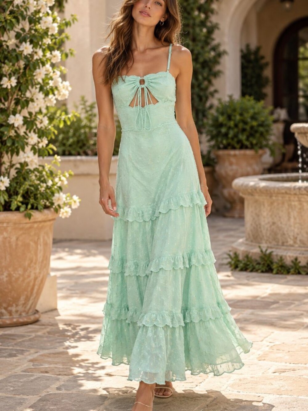 Karina Grimaldi Chloe Mint Cutout Tiered Maxi Dress Size L